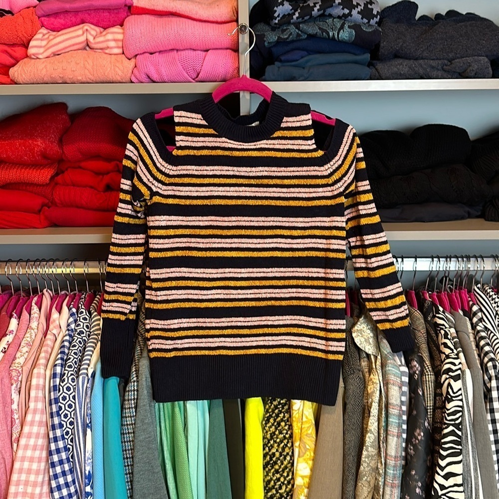 Loft navy/orange/pink striped cold shoulder long sleeve sweater size XS